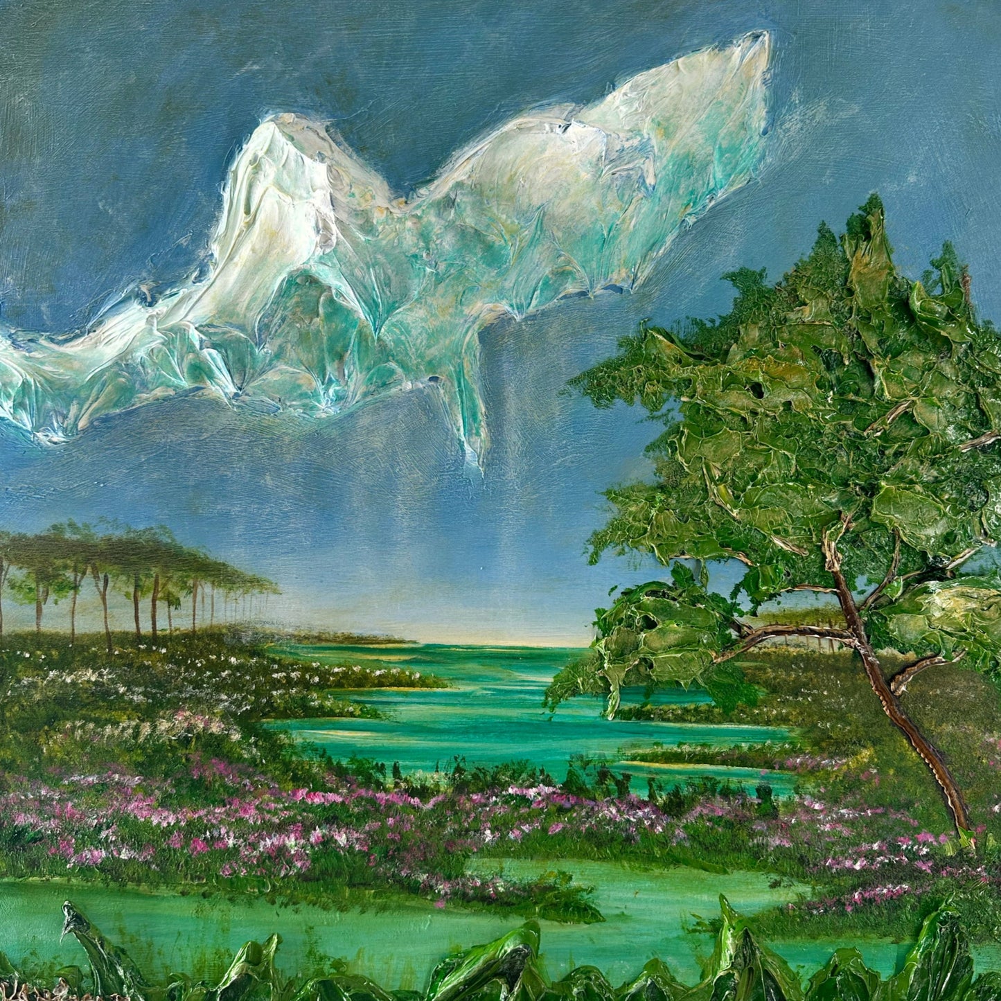 Acrylic painting depicting a landscape with a stylized tree, flowers, and a whimsical sky with a large, abstract cloud-like shape.