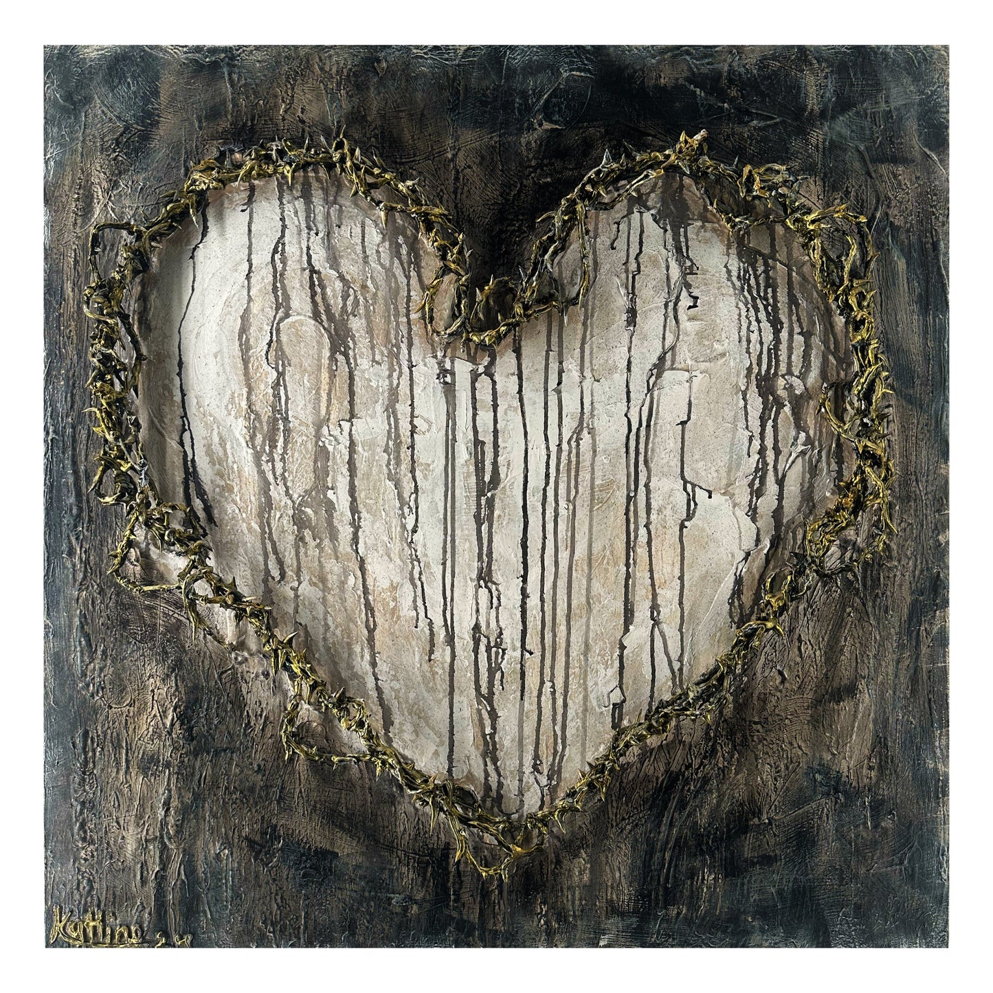Multi media artwork of a bard wire heart