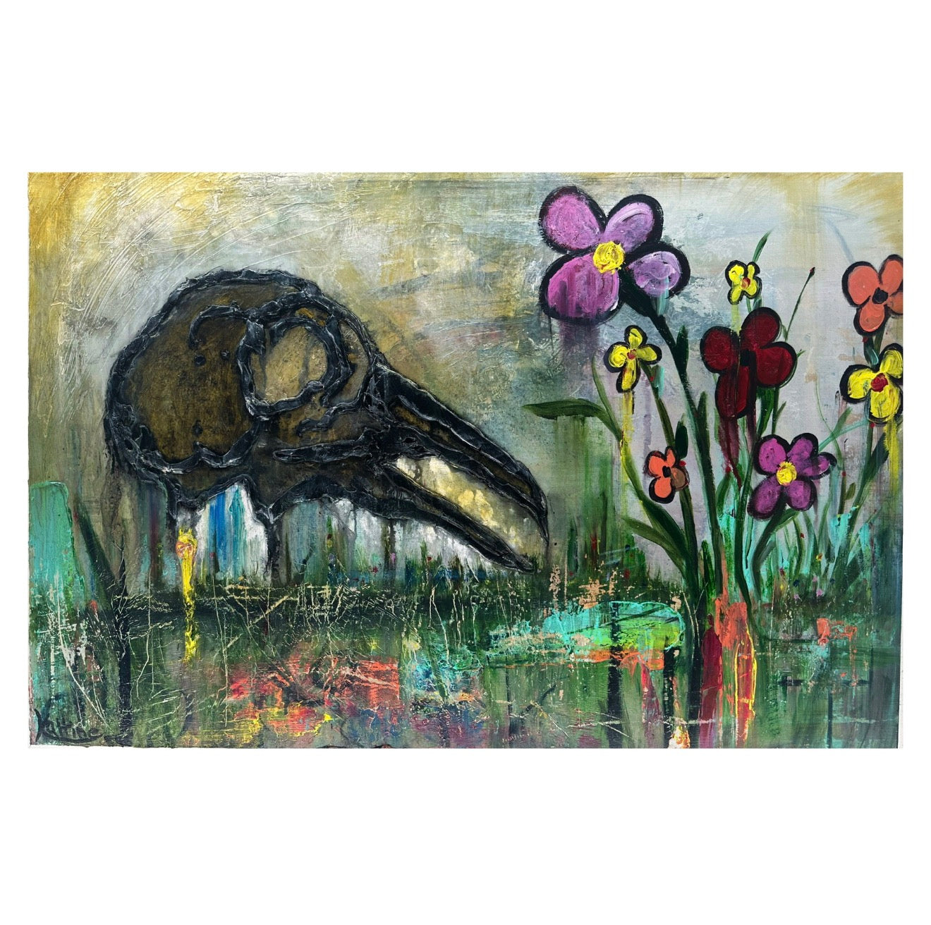 Artistic depiction of a bird skull and colorful flowers on a textured background