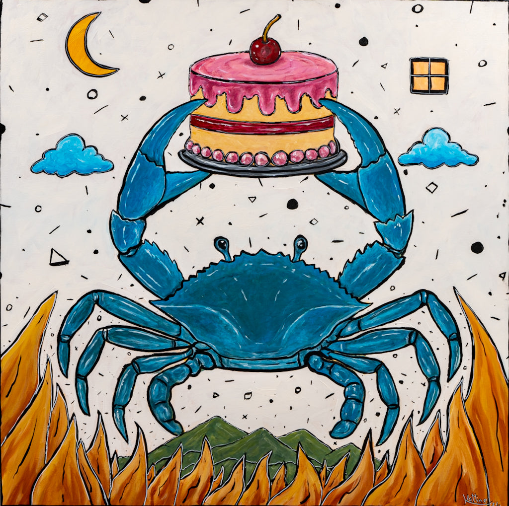 Crab Cake original acrylic painting by Jonathan Kattine blue crab painting contemporary folk art surreal coastal artwork