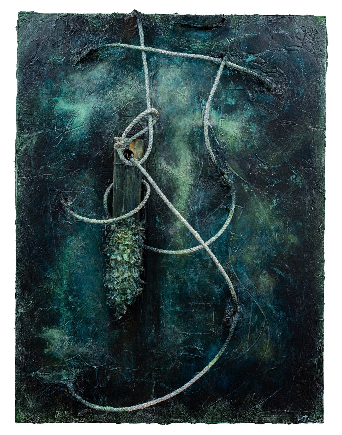 Abstract artwork with a textured dark background and a central knot-like structure.