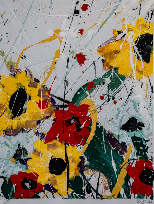Abstract floral painting with sunflowers and poppies in yellow, red, and green on a white background with paint splatters and drips.