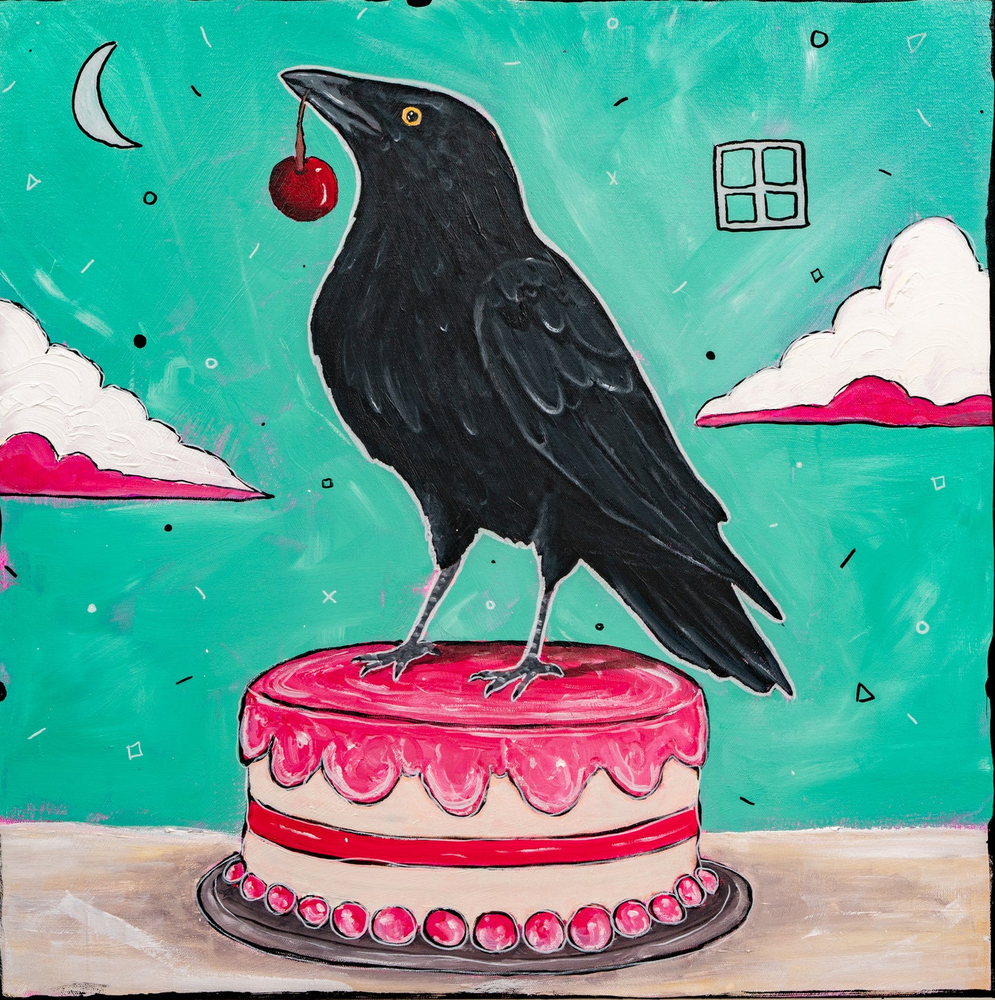 A stylized painting of a black crow standing on a pink frosted cake and holding a red cherry in its beak, set against a turquoise sky with clouds, a crescent moon, and a small window.