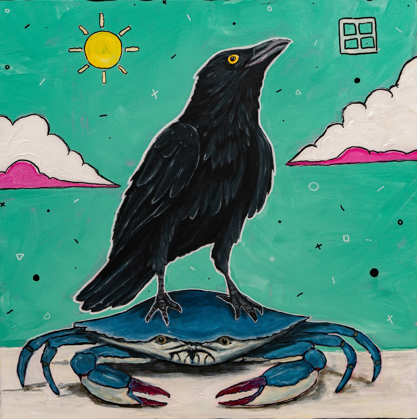 A stylized painted scene showing a black bird perched on a blue crab against a turquoise background with a yellow sun, white clouds, and a small window-like shape.