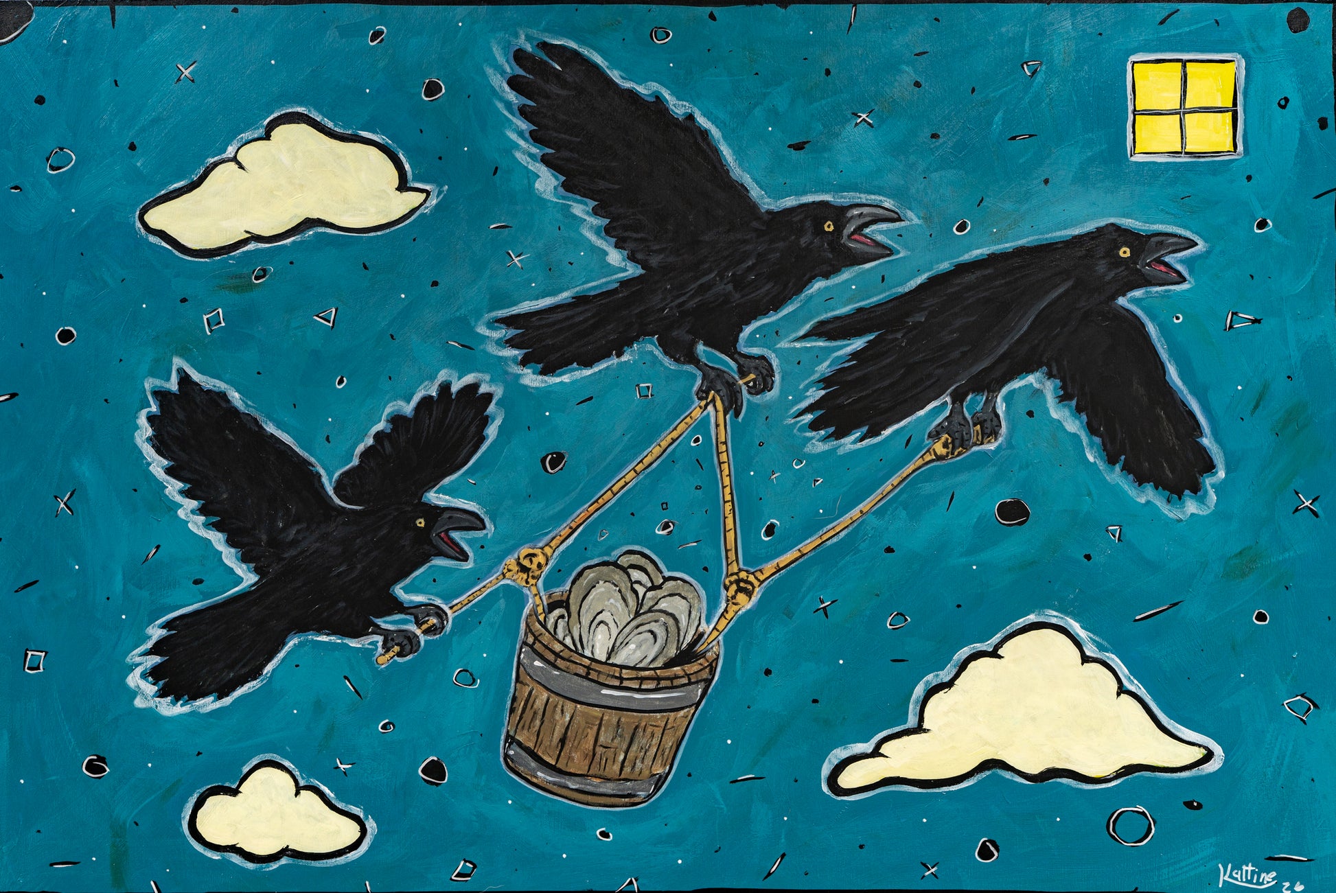 A stylized painting of three black crows carrying a wooden basket filled with oysters in the sky against a teal-blue background with cream clouds and a yellow window.