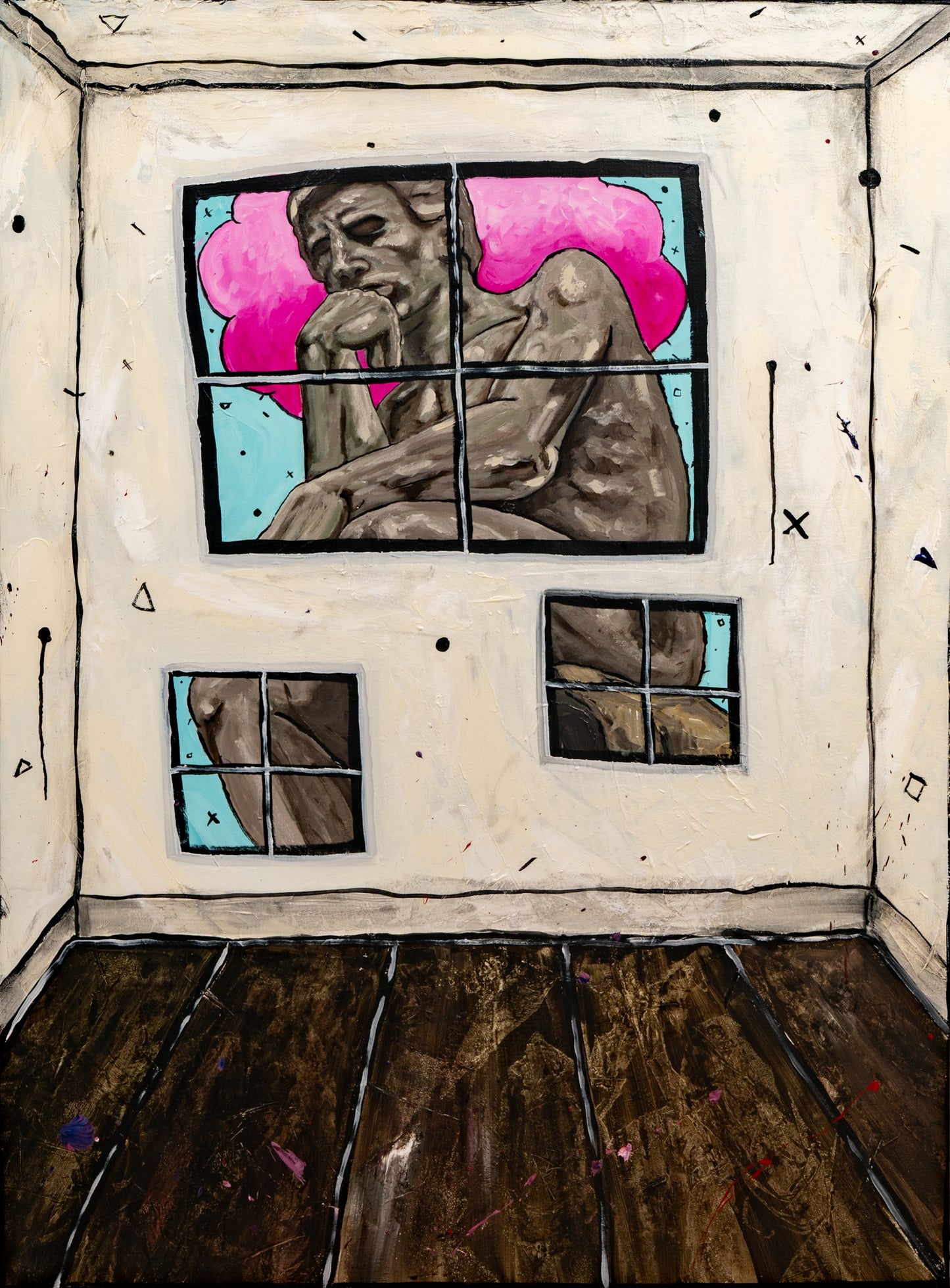 An expressive painting of a room corner with a large window showing a seated human figure in front of a bright pink cloud and light blue background, plus two smaller windows below. The room has off-white walls, dark brown wooden floorboards, and black hand-drawn marks throughout.