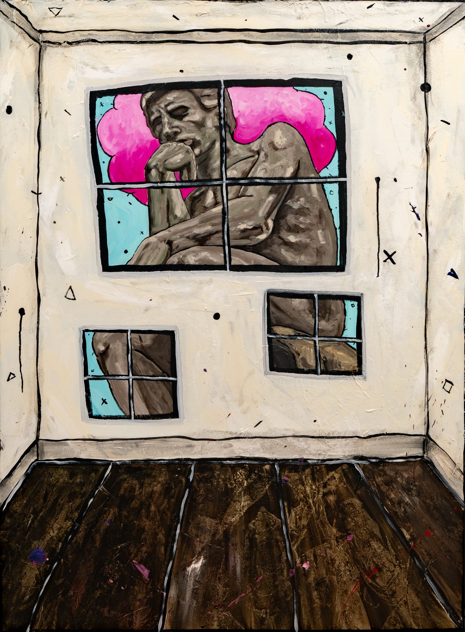 An expressive painting of a room corner with a large window showing a seated human figure in front of a bright pink cloud and light blue background, plus two smaller windows below. The room has off-white walls, dark brown wooden floorboards, and black hand-drawn marks throughout.