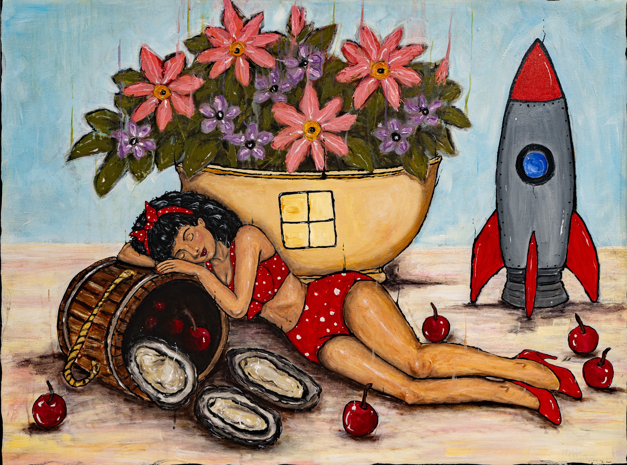 A colorful painted scene showing a woman in a red polka-dot swimsuit lying on the floor beside a basket of oysters, with flowers in a vase, a red rocket, and scattered large cherries against a light blue background.