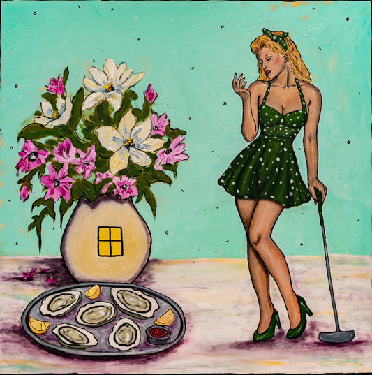 A stylized painted pin-up scene showing a blonde woman in a green polka-dot mini dress holding a golf club beside a vase of pink and white flowers and a platter of oysters on a mint-tinted background.