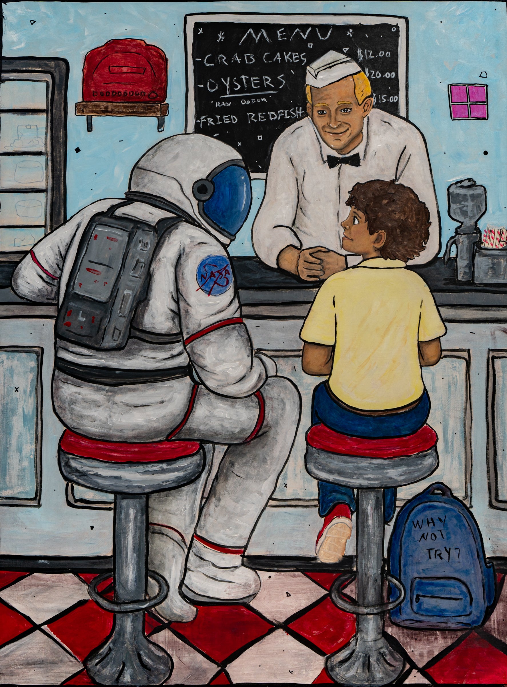 A stylized illustration of an astronaut sitting at a diner counter with a child across from them, while a waiter stands behind the counter. The scene includes a chalkboard menu, stools, and a blue backpack on the floor.