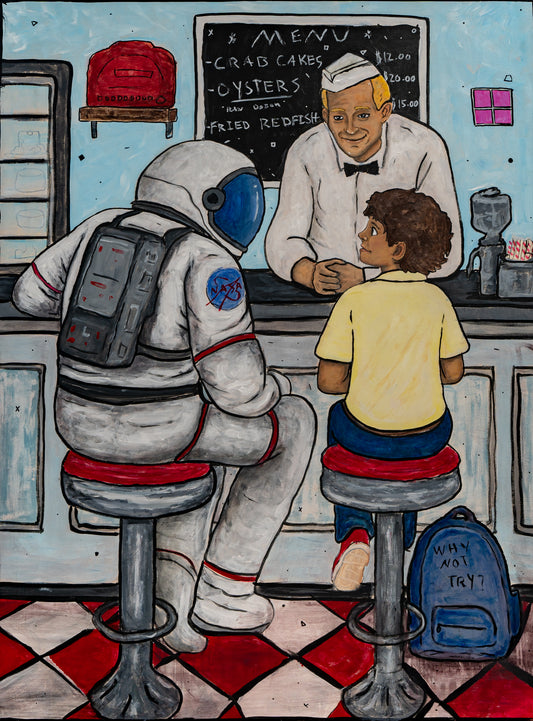 A stylized illustration of an astronaut sitting at a diner counter with a child across from them, while a waiter stands behind the counter. The scene includes a chalkboard menu, stools, and a blue backpack on the floor.