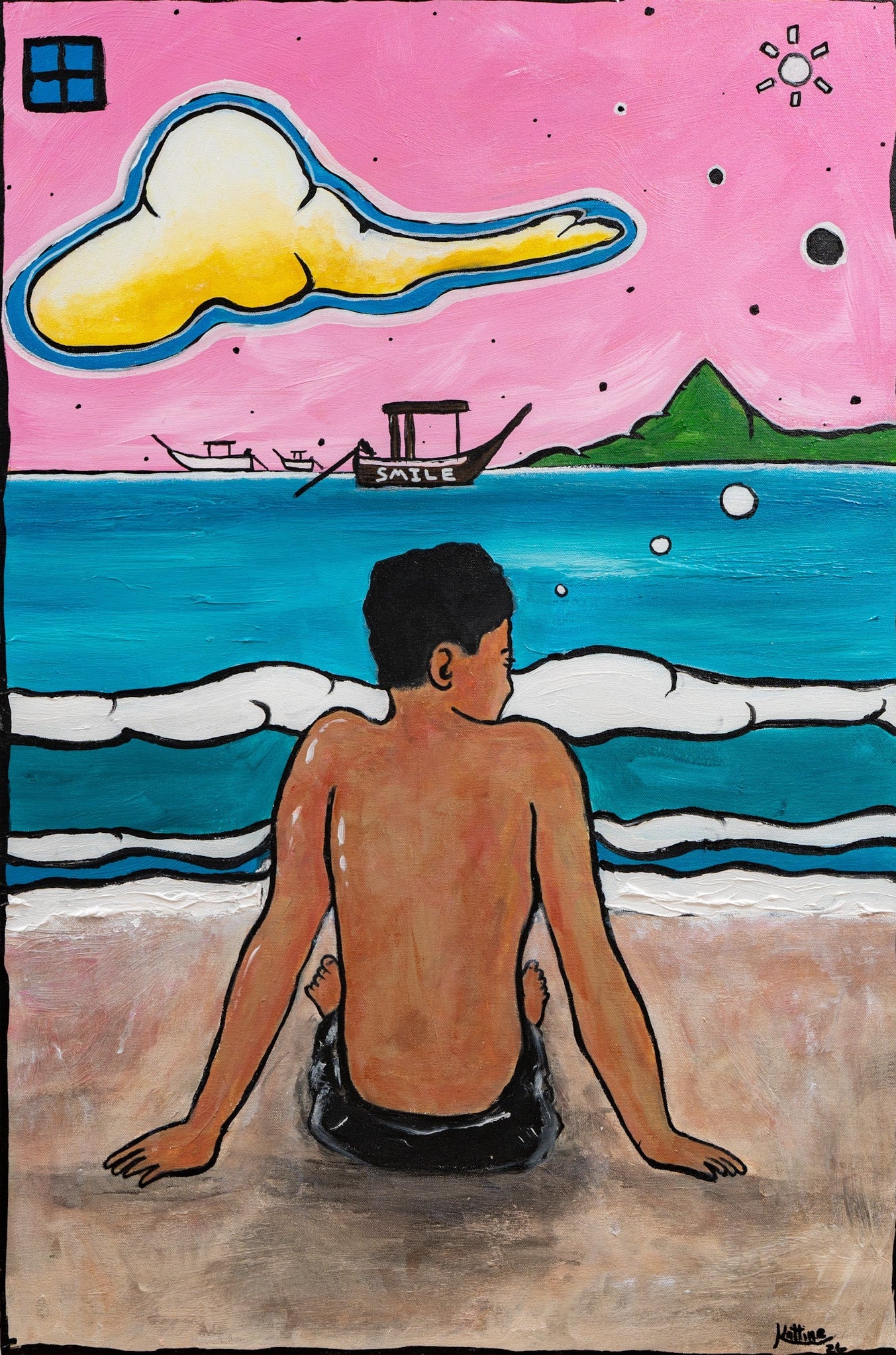 The Boy Who Dreams original acrylic painting by Jonathan Kattine contemporary folk art dreamlike landscape inspired by Thailand